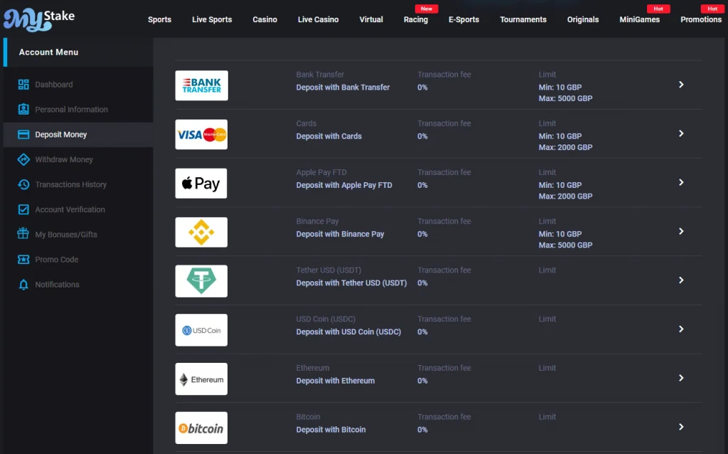 Deposit interface on Mystake Casino showing payment options