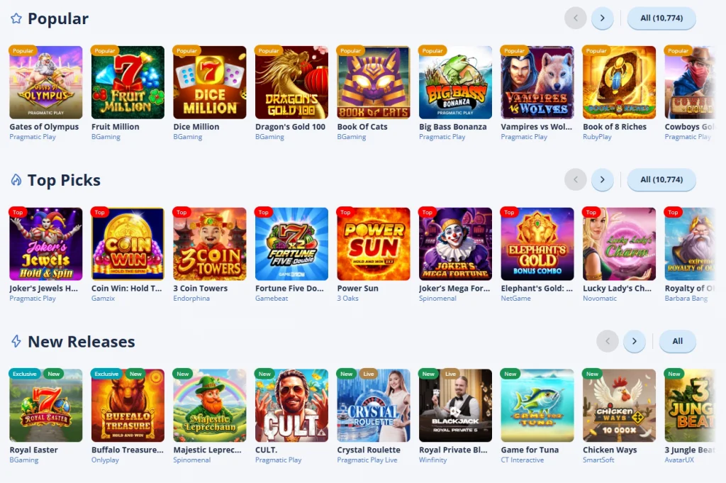 Ekran z selektorem gier kasynowych Mr Bet pokazujący różne sloty